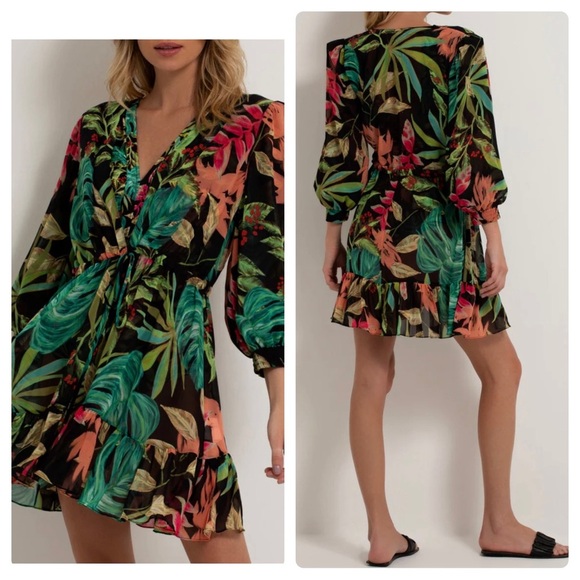 PatBO Other - Patbo Tropicalia Short Sheer Coverup Dress Shoulder Pads Tropical Leaf